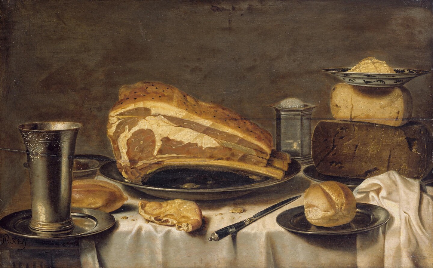 Floris Gerritsz. van Schooten (tätig 1605-1655), Frühstücksstillleben mit einem Ochsenbraten, © Hamburger Kunsthalle / bpk Foto: Elke Walford