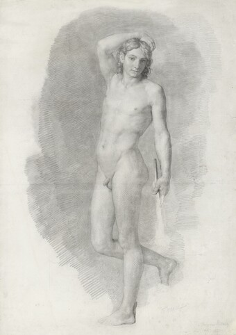 Tommaso Minardi (1787–1871) Akademische Akstudie eines jungen  Mannes (Saverio), 1810–1812 Schwarze Kreide, 620 x 430 mm Hamburger Kunsthalle, Kupferstichkabinett © Hamburger Kunsthalle / bpk  Foto: Christoph Irrgang
