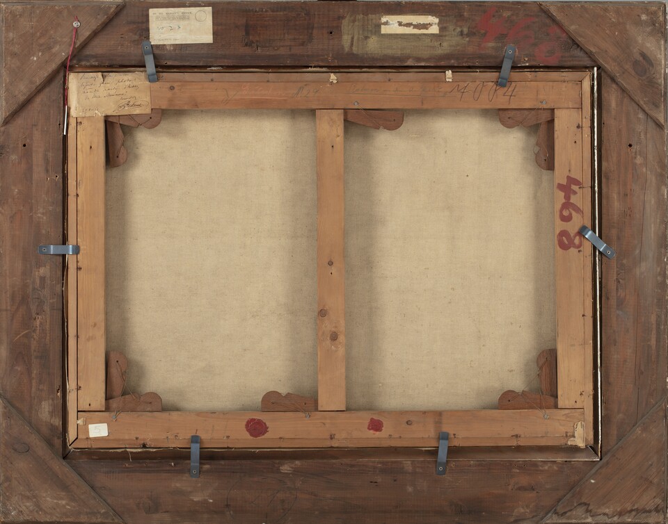 Unbekannter Künstler	Ruinenlandschaft, o. J., Rückseite, Öl auf Leinwand, 65 x 90 cm	FB 40 HK-468 Unbekannter Künstler	Ruinenlandschaft, o. J.	Öl auf Leinwand, 65 x 90 cm	FB 40 HK-468