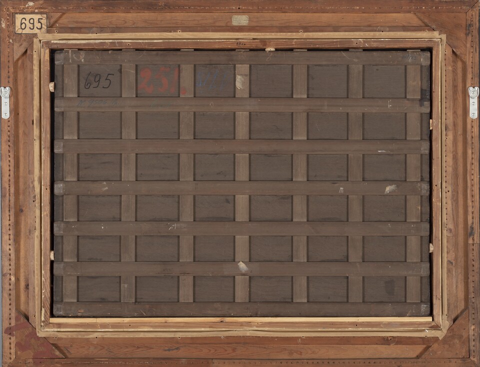 Joost Cornelisz. Droochsloot	Dörfliche Szene, 1658, Öl auf Holz	59 x 83,3 cm, Rückseite,	HK-695 Joost Cornelisz. Droochsloot	Dörfliche Szene, 1658, Öl auf Holz	59 x 83,3 cm, Rückseite,	HK-695