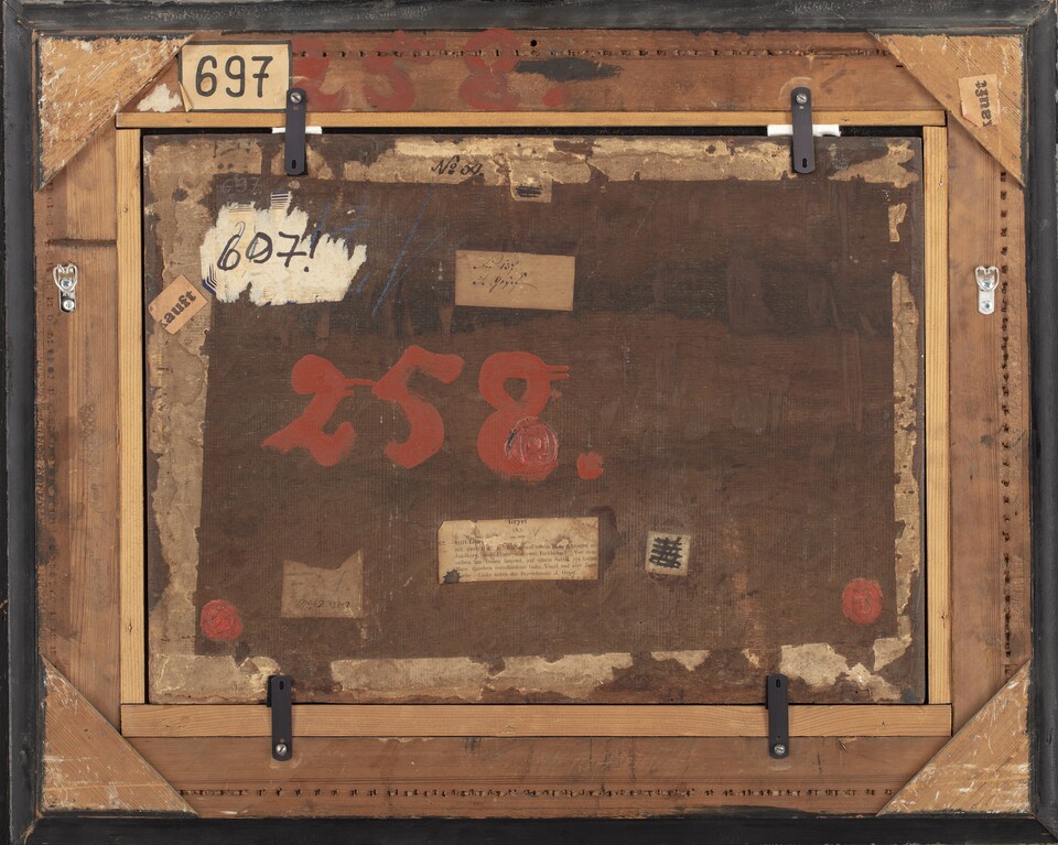 Adriaen de Gryeff	Jagdstillleben	o. J.	Öl auf Eichenholz	36,2 x 49,2 cm, Rückseite, 	HK-697 Adriaen de Gryeff	Jagdstillleben	o. J.	Öl auf Eichenholz	36,2 x 49,2 cm, Rückseite, 	HK-697