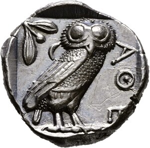 Athen, Tetradrachme (440–420 v. Chr.), Rückseite der Münze: Eule, Silber, Ø 24 mm, 17,09 g © Hamburger Kunsthalle Athen, Tetradrachme (440–420 v. Chr.), Rückseite der Münze: Eule, Silber, Ø 24 mm, 17,09 g © Hamburger Kunsthalle