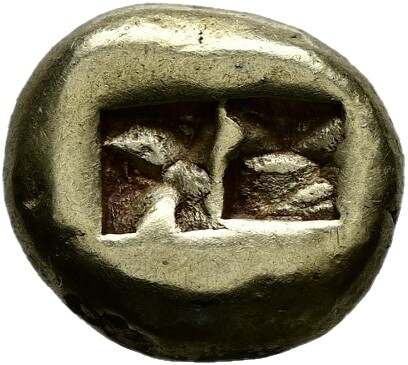 Herakleiden: Alyattes II. (610 bis 561 v. Chr.), Rückseite Münze: Elektron, Ø 10 mm, 4,66 g © Hamburger Kunsthalle Herakleiden: Alyattes II. (610 bis 561 v. Chr.), Rückseite Münze: Elektron, Ø 10 mm, 4,66 g © Hamburger Kunsthalle