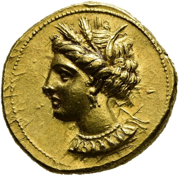 Karthago (350 bis 320 v. Chr.), Vorderseite Münze: Gold, Ø 19 mm, 9,56 g © Hamburger Kunsthalle Karthago (350 bis 320 v. Chr.), Vorderseite Münze: Gold, Ø 19 mm, 9,56 g © Hamburger Kunsthalle