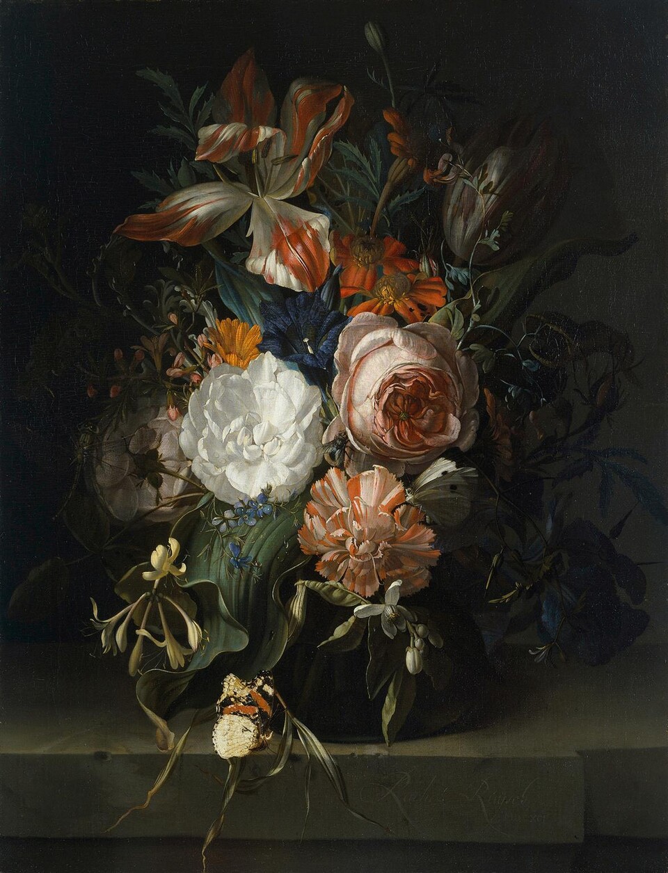 Rachel Ruysch (1664 - 1750) Blumenstillleben, 1691 44,5 x 34,3 cm, Öl auf Leinwand auf Eichenholz, Hamburger Kunsthalle / bpk Foto: Elke Walford Rachel Ruysch (1664 - 1750) Blumenstillleben, 1691 44,5 x 34,3 cm, Öl auf Leinwand auf Eichenholz, Hamburger Kunsthalle / bpk Foto: Elke Walford