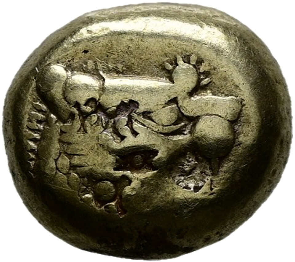 Herakleiden: Alyattes II. (610 bis 561 v. Chr.), Vorderseite Münze: Elektron, Ø 10 mm, 4,66 g © Hamburger Kunsthalle Herakleiden: Alyattes II. (610 bis 561 v. Chr.), Vorderseite Münze: Elektron, Ø 10 mm, 4,66 g © Hamburger Kunsthalle