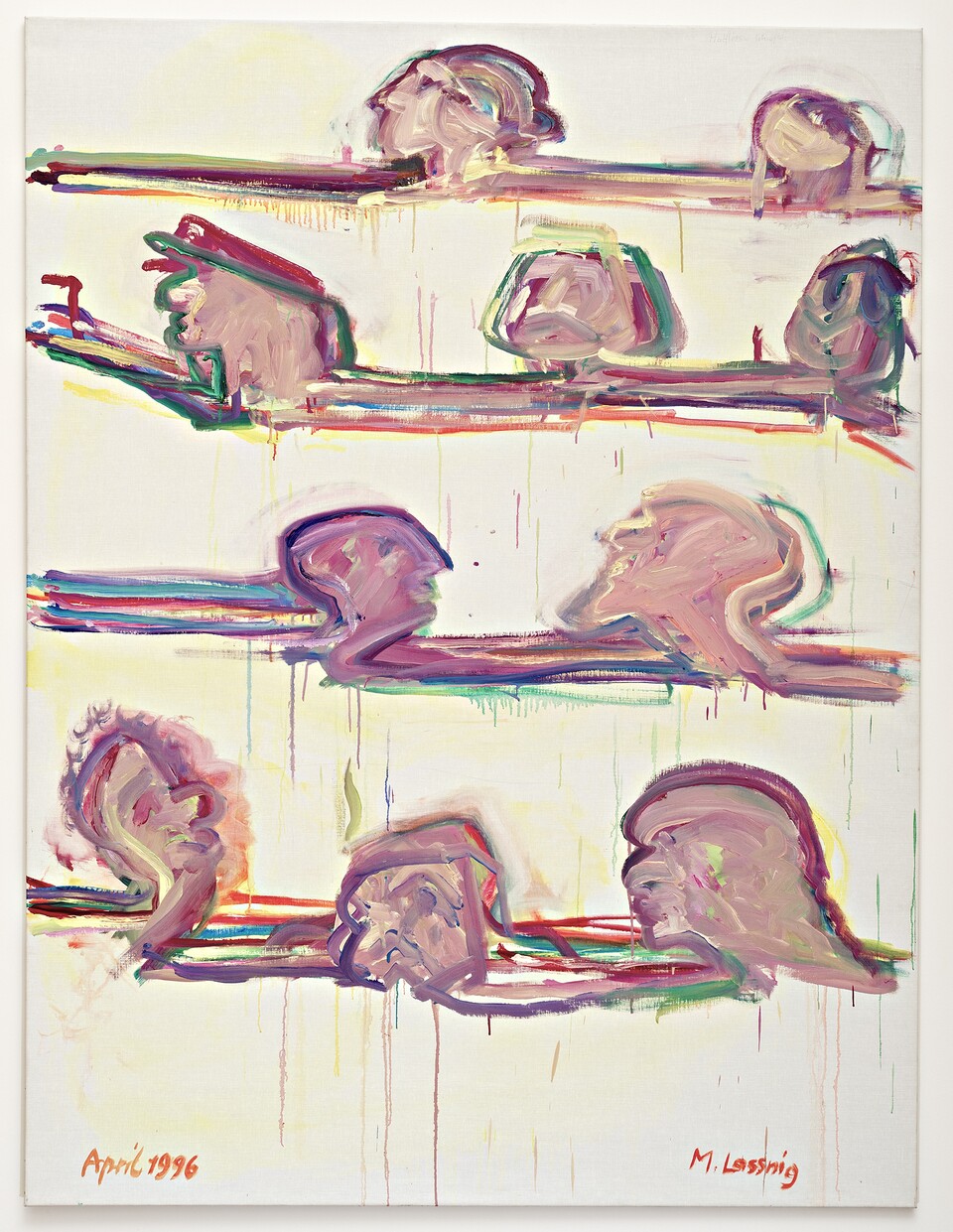 Maria Lassnig (1919-2014) Malfluss = Lebensfluss, 1996 Öl auf Leinwand, 205 x 155,5 cm Maria Lassnig Stiftung © Maria Lassnig Stiftung / VG Bild-Kunst, Bonn 2026 Maria Lassnig (1919-2014) Malfluss = Lebensfluss, 1996 Öl auf Leinwand, 205 x 155,5 cm Maria Lassnig Stiftung © Maria Lassnig Stiftung / VG Bild-Kunst, Bonn 2026