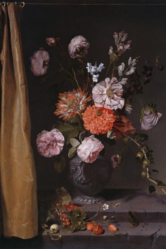 Jan van Rossum, Blumenstilleben mit Vorhang, 1671