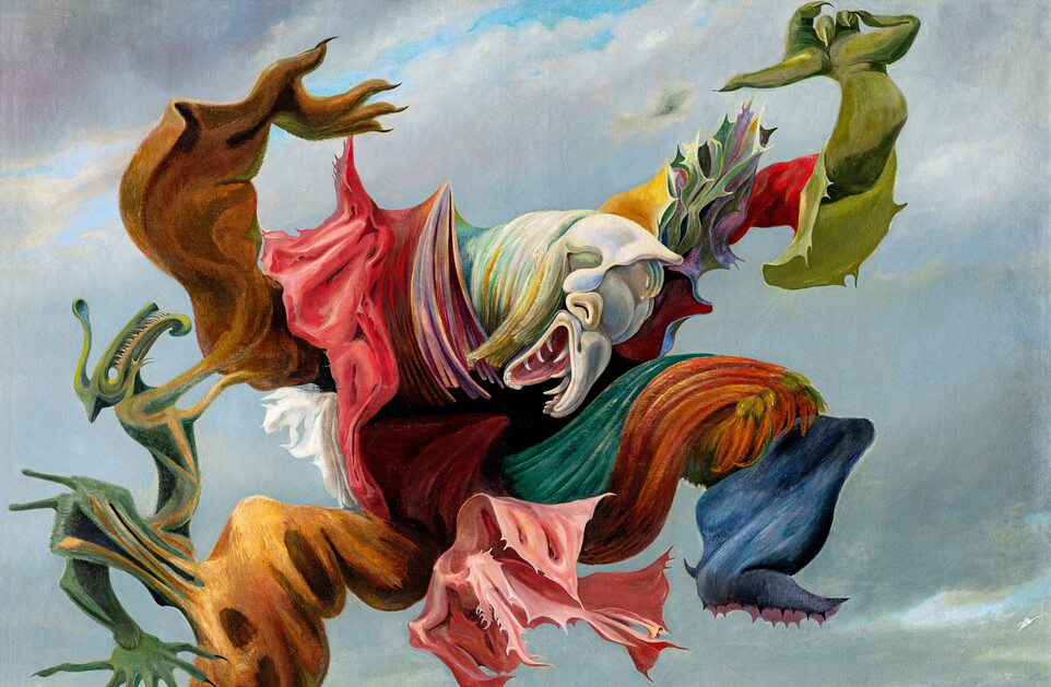 Max Ernst (1891–1976), Der Hausengel (Der Triumph des Surrealismus), 1937, Öl auf Leinwand, 114,2 x 146,5 cm, Collection Hersaint © Vincent Everarts Photography Brussels / VG Bild-Kunst, Bonn 2024