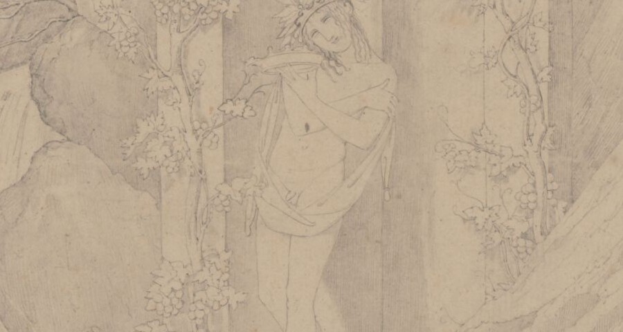 Bettina von Arnim, Bekrönter Jüngling in einer Nische mit einer Eule auf einer Säule in  einer Gebirgslandschaft, wohl 1837 Bettina von Arnim (1785-1859), Bekrönter Jüngling in einer Nische mit einer Eule auf einer Säule in  einer Gebirgslandschaft, wohl 1837