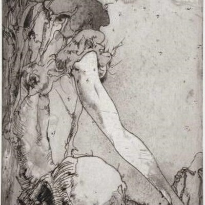 Horst Janssen (1929-1995), Undine, 1973,  Strichätzung, Flächenätzung, Kaltnadel auf Kupferplatte in Schwarz und Grau, Hamburger Kunsthalle © VG Bild-Kunst, Bonn