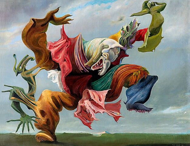 Max Ernst (1891–1976), Der Hausengel (Der Triumph des Surrealismus), 1937, Öl auf Leinwand, 114,2 x 146,5 cm, Collection Hersaint © Vincent Everarts Photography Brussels / VG Bild-Kunst, Bonn 2025