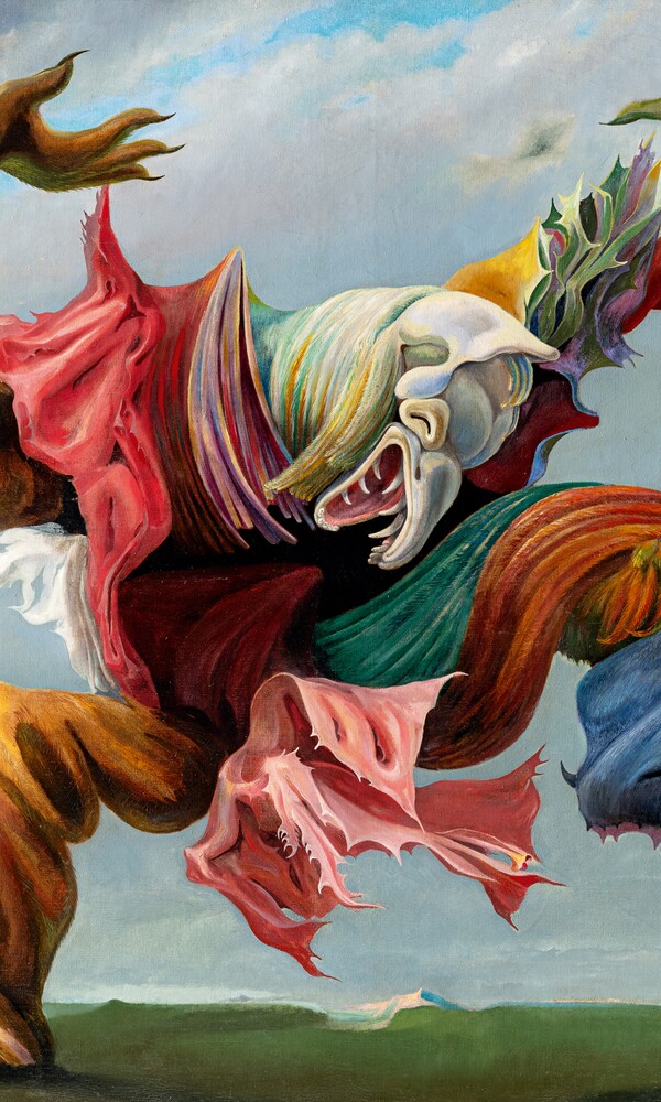 Max Ernst (1891–1976), Der Hausengel (Der Triumph des Surrealismus), 1937, Öl auf Leinwand, 114,2 x 146,5 cm, Collection Hersaint © Vincent Everarts Photography Brussels / VG Bild-Kunst, Bonn 2024